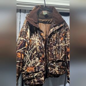Drake size large camo coat, orange vest and full gillie
